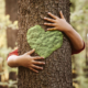 Child hugging a tree with moss shaped like a heart on the tree.