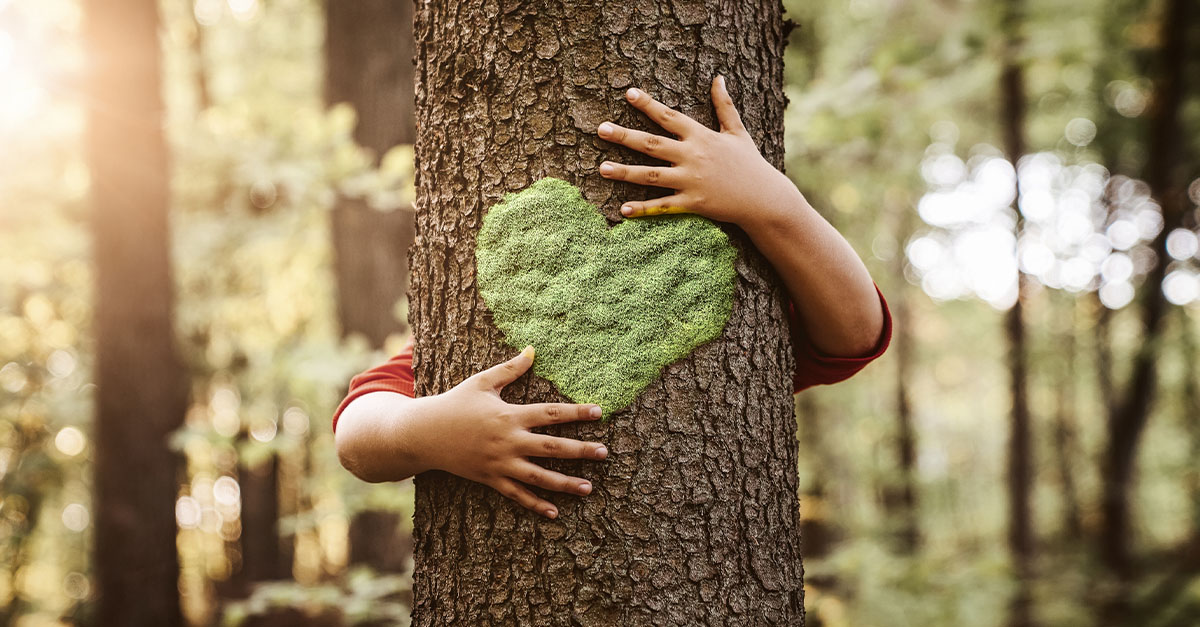 Child hugging a tree with moss shaped like a heart on the tree.