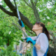Woman sawing dry branches on a tree in the garden. Tree cleaning, tree shaping. Hobby, gardening, farming concept
